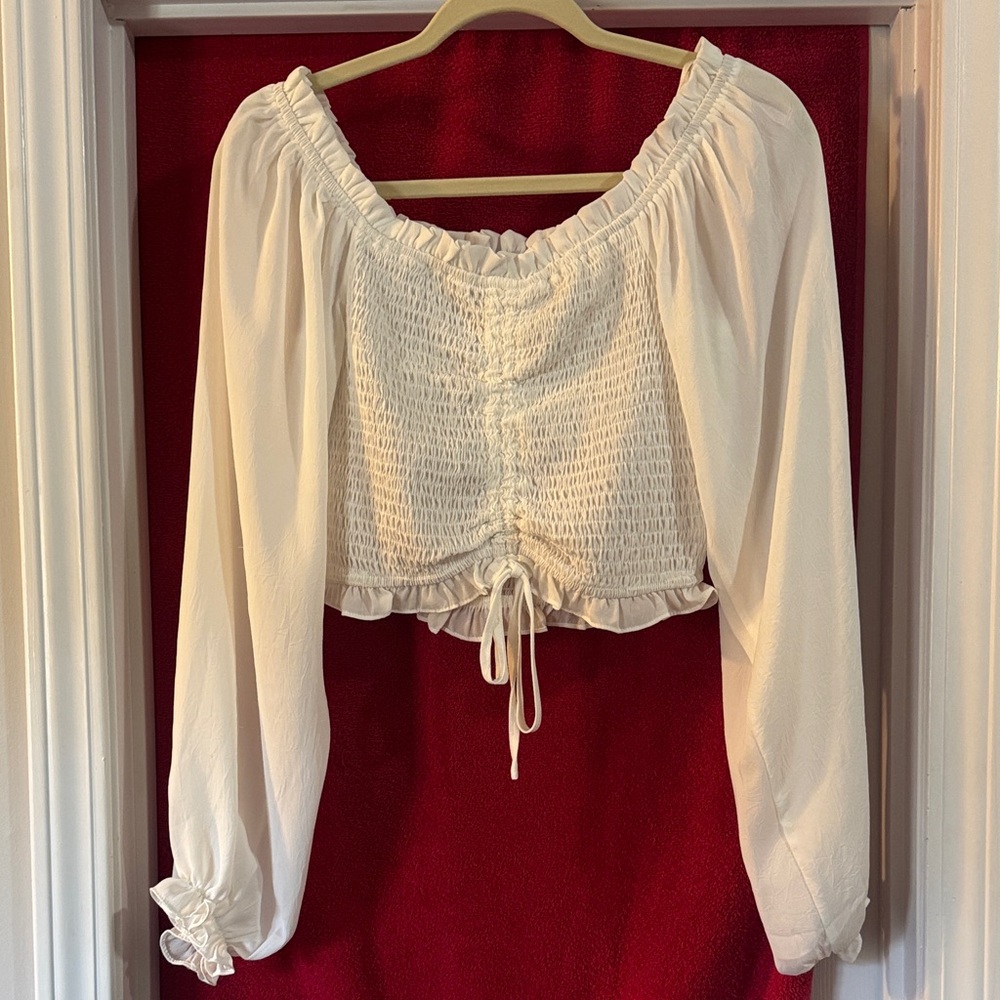 She + Sky Cream Smocked Off-Shoulder Blouse